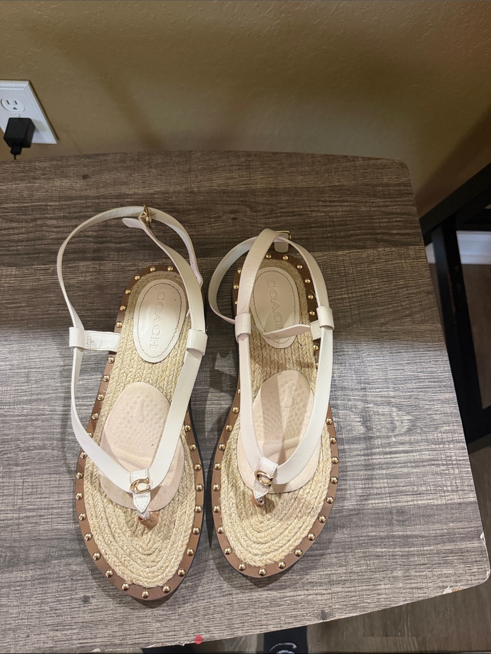 COACH Cream Leather & Woven Espadrille Studded Slingback Sandals